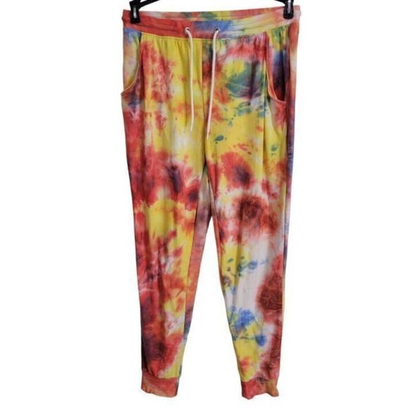 Derek Heart Sz M Tie Dye Jogger Pants Drawstring Poly/Spandex Comfy Stretch - Picture 1 of 5